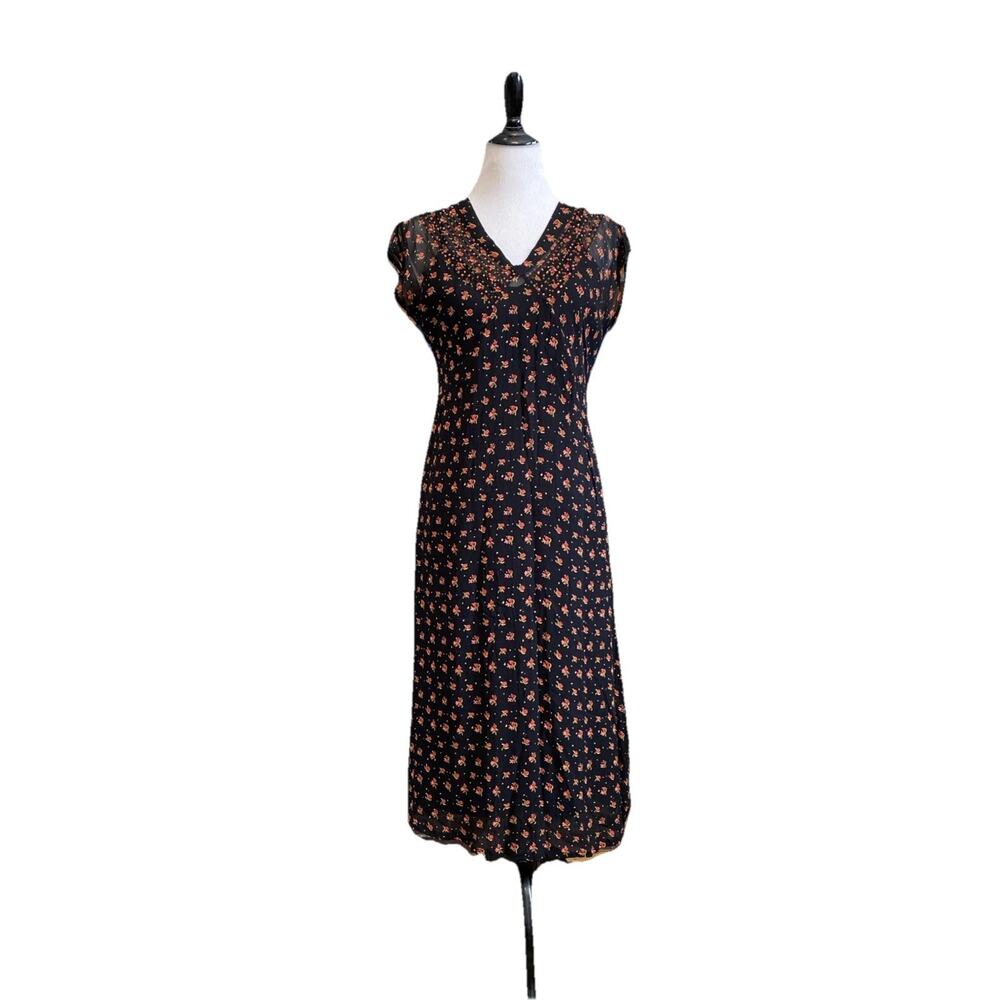 VTG 90s Y2k April Cornell S Rayon Floral Prairie Babydoll Slip Dress Sheer Beads - Picture 2 of 16